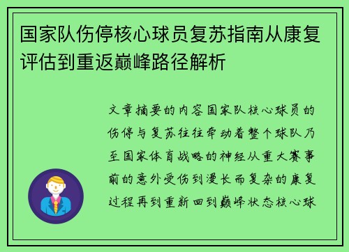 国家队伤停核心球员复苏指南从康复评估到重返巅峰路径解析 国家队伤停核心球员复苏指南从康复评估到重返巅峰路径解析